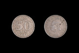 50 bin lira coin. black background on both sides, 2000 Turkey