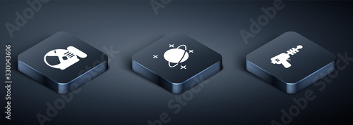 Set Isometric Astronaut helmet, Ray gun and Planet icon. Vector