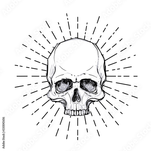 Human skull over sacred geometry symbol. Demon, fairy tale character. Mystical circle. Esoteric. Monochrome drawing isolated on white. Vector illustration. Poster, t-shirt print design.