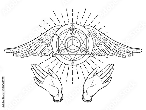 Open hands. Hand drawn illustration. Occult design with angels wings. Dotwork...