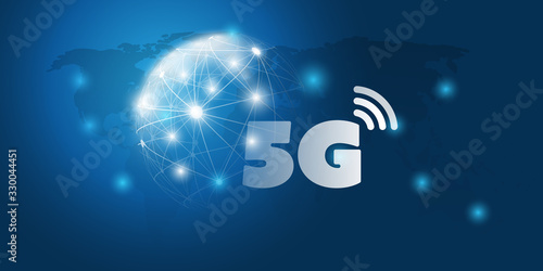 Futuristic Global 5G Mobile Networks Concept with Cluster of Glowing Nodes and Wireframe Globe - High Speed, Broadband Mobile Telecommunication and Wireless Internet Design Concept