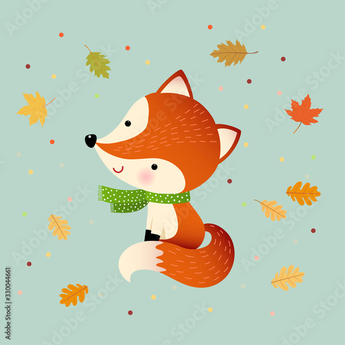 Vector illustration cartoon red fox with autumn leaves. Hello autumn background.