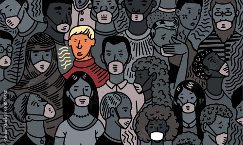 Coronavirus pandemic or COVID-19. Wuhan disease. Crowd of people in antiviral medical masks. Humans infect bacteria. Epidemic. Risk of illness spreading. Quarantine. Severe acute respiratory syndrome