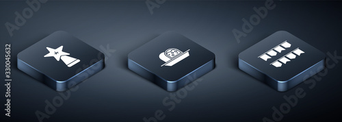 Set Isometric Christmas star, Carnival garland with flags and Marzipan sponge cake icon. Vector