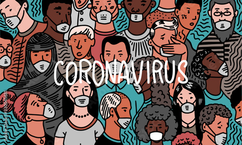 Coronavirus pandemic or COVID-19. Wuhan disease. Crowd of people in antiviral medical masks. Humans infect bacteria. Epidemic. Risk of illness spreading. Quarantine. Severe acute respiratory syndrome