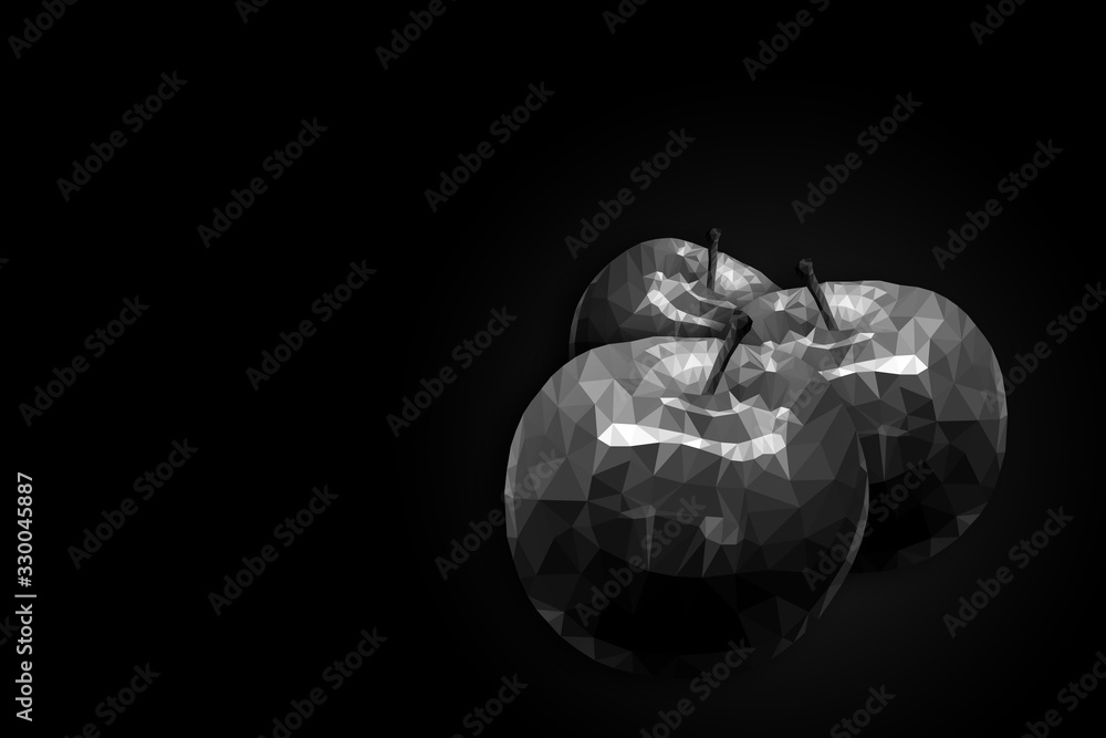 Three monochrome apples on dark background painted in the style of low poly, minimalist style Three monochrome apples on dark background painted in the style of low poly, minimalist style