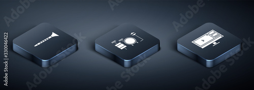 Set Isometric Clarinet, Video recorder or editor software on monitor and Drums icon. Vector