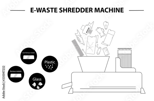 The concept of processing electronic waste by means of shredding machine and further extraction of secondary resources. Waste sorting and recycling. Flat line design style black and white illustration