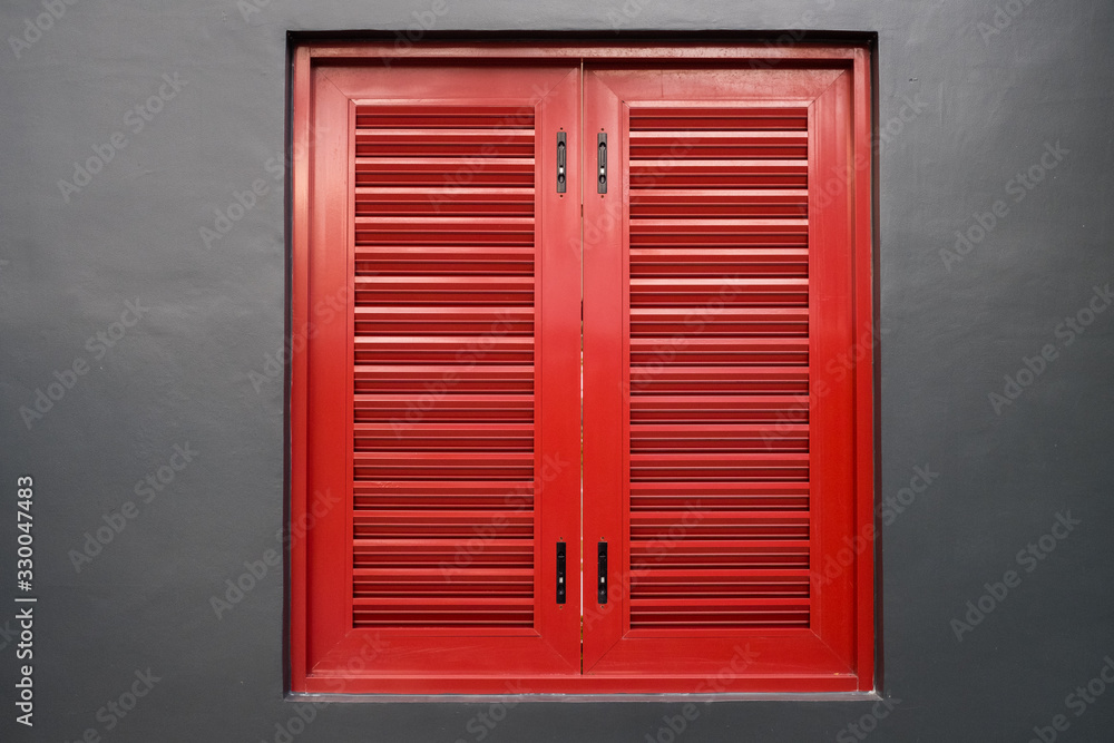 Red wooden window Black wall Background