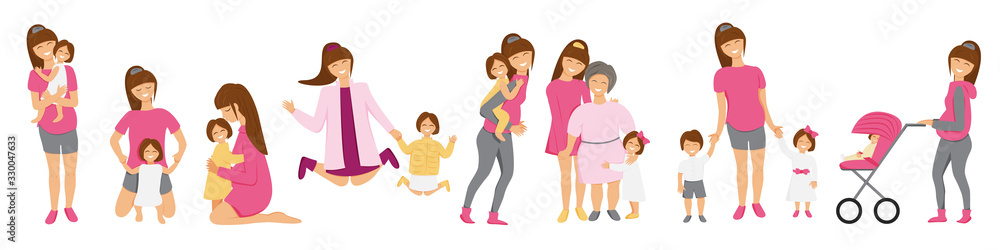 Vector set of brunette mother's little activities. Funny situations of mom on maternity leave. Concept design of happy family huge each other isolated. Three generations together holds hands and laugh Vector set of brunette mother's little activities. Funny situations of mom on maternity leave. Concept design of happy family huge each other isolated. Three generations together holds hands and laugh