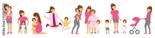 Vector set of brunette mother's little activities. Funny situations of mom on maternity leave. Concept design of happy family huge each other isolated. Three generations together holds hands and laugh