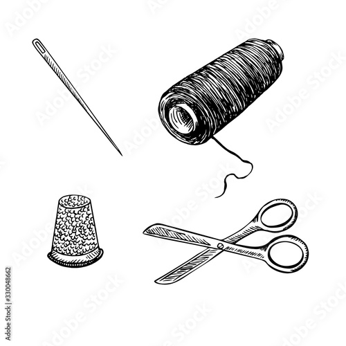 Needle, thread, thimble and scissors, retro sewing collection, hand drawn doodle gravure vintage style, sketch, outline vector illustration