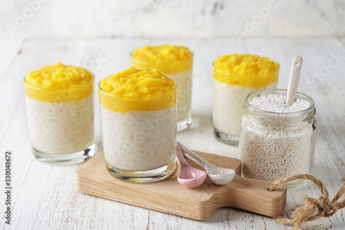 Photos Tapioca pudding with mango puree