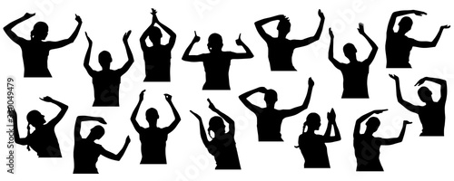 Silhouettes of young woman applauding, waving hands, set, close-up. Vector illustration.