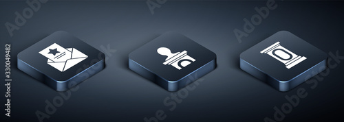Set Isometric The arrest warrant, Stage stand or debate podium rostrum and Stage stand or debate podium rostrum icon. Vector