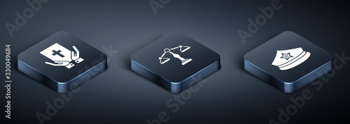 Set Isometric Oath on the Holy Bible, Police cap with cockade and Scales of justice icon. Vector