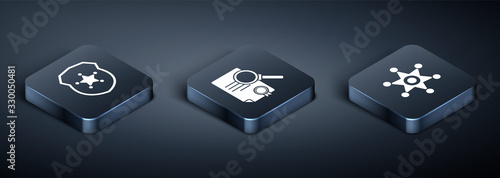 Set Isometric Police badge, Hexagram sheriff and Document with search icon. Vector
