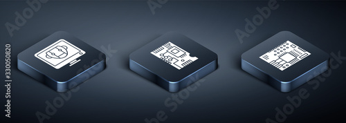 Set Isometric Bot, Printed circuit board PCB and Electronic computer components motherboard digital chip icon. Vector