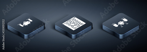 Set Isometric Drone flying with action camera, Drone flying with action camera and Global technology or social network icon. Vector