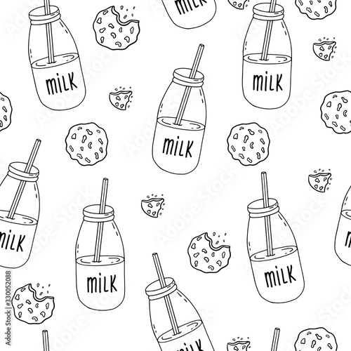 Doodle milk bottles and chocolate chip cookies.