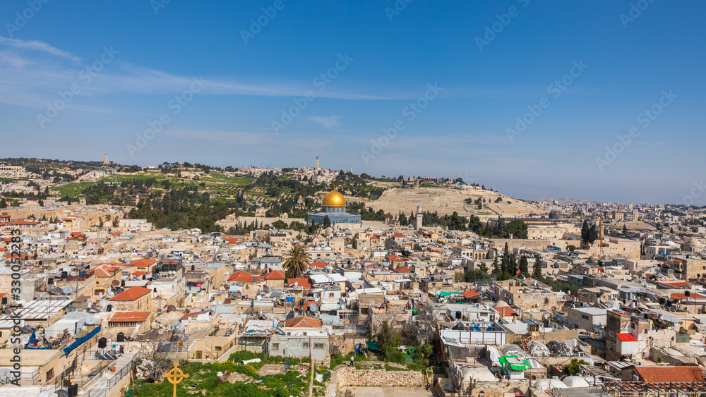 View from top of church on Temple Mount with golden dome in Jerusalem
