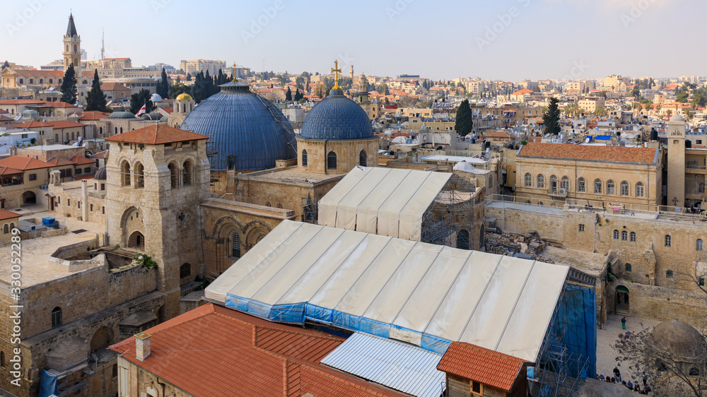 View from top of church on two domes and belfry of the Church of the Holy Sepulchre in Jerusalem