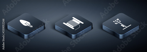 Set Isometric Light bulb, High voltage power pole line and Wire electric cable on a reel or drum icon. Vector