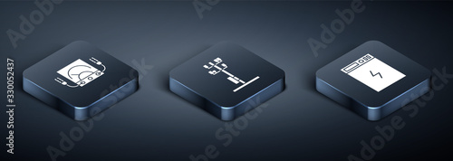 Set Isometric Ampere meter, multimeter, voltmeter, Power bank and High voltage power pole line icon. Vector