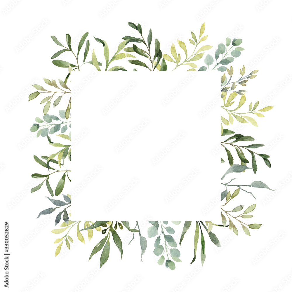 Beautiful watercolor frame with fresh greenery. Leaves, branches, berries, eucalyptus. Hand painted illustration. perfect for invitation cards, spring decor, wedding invitation, menu, cards, greeting 