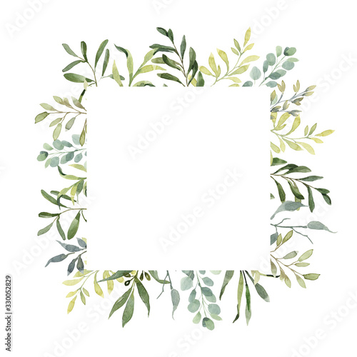 Beautiful watercolor frame with fresh greenery. Leaves  branches  berries  eucalyptus. Hand painted illustration. perfect for invitation cards  spring decor  wedding invitation  menu  cards  greeting 