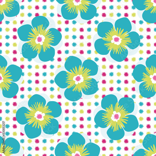 Tropical flower seamless vector pattern background. Hand drawn blooms exotic design. Modern bright florals on dotted backdrop. Hot summer all over print for tropic vacation and wedding resort concept.