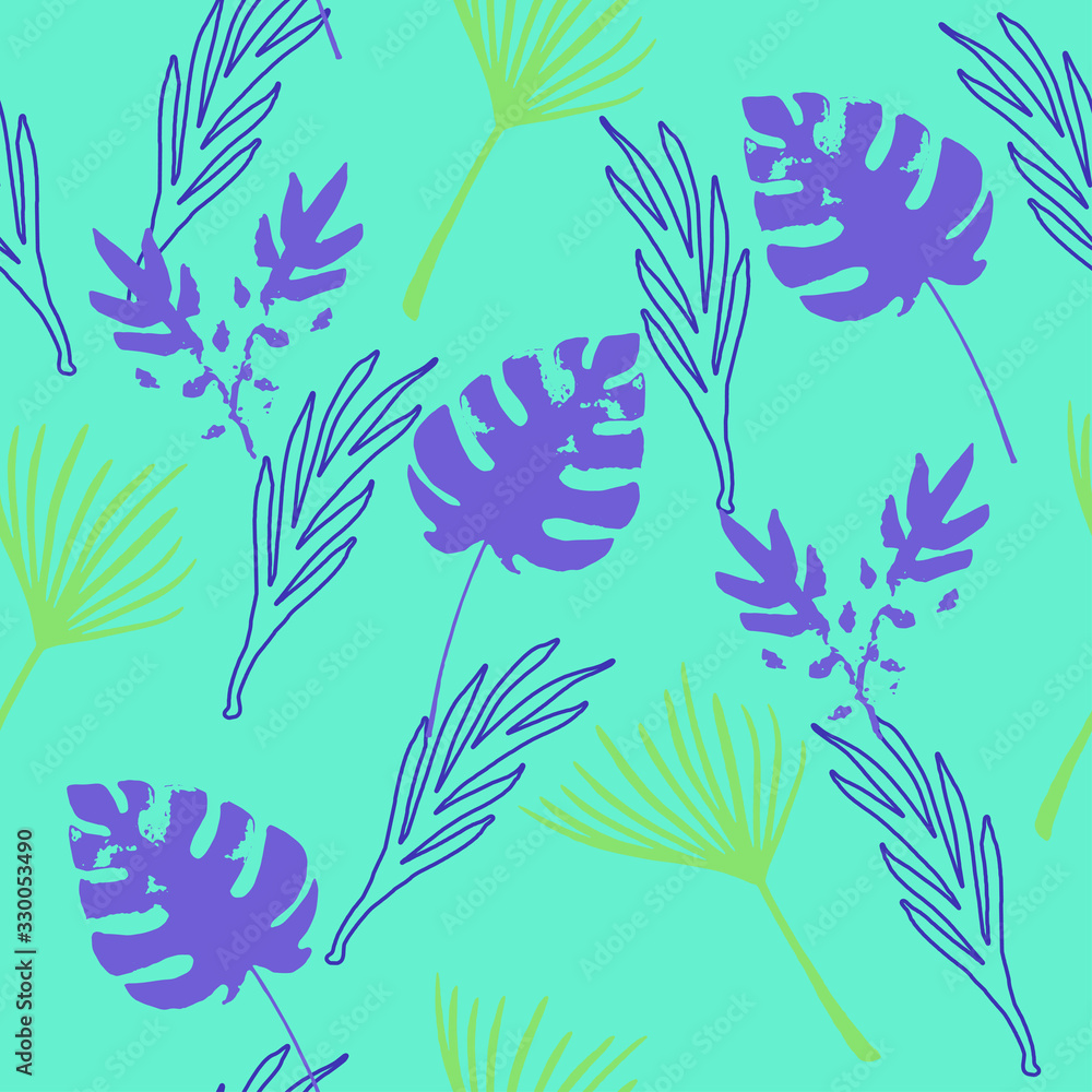Fototapeta premium Funky Tropical Vector Seamless Pattern. Banana Leaves Monstera Dandelion Feather Tropical Seamless Pattern. 