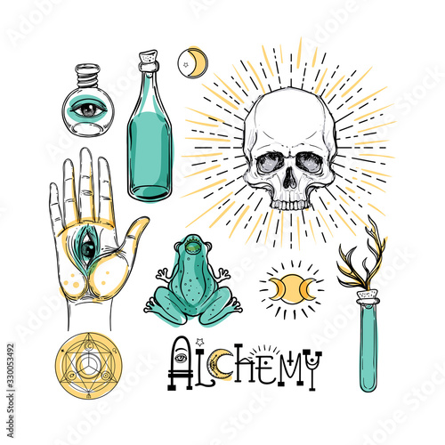 Alchemy symbol icon set. Spirituality, occultism, chemistry, magic tattoo concept. Vintage vector illustration collection with mystic and occult signs. Halloween, astrological elements.