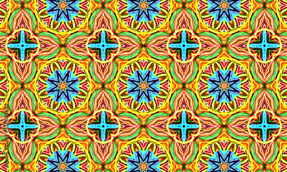 Geometric kaleidoscope multicolored seamless pattern. Abstract background. Beautiful multicolor kaleidoscope texture. Unique kaleidoscope design. Illustration for design.