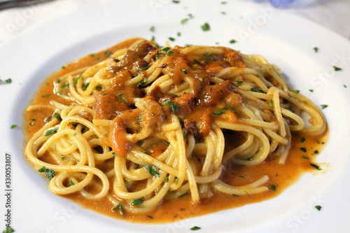 close-up of a typical Sicilian dish called "spaghetti with sea urchins"