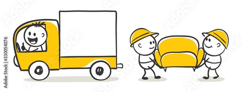 Сargo transportation. Funny little men carry a sofa in a truck, vector illustration.	