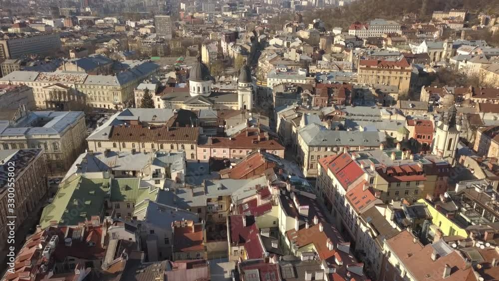 Aerial view to Temple of Lord Jesus Christ Transfiguration and tourist historical center of the city Lviv, Ukraine Aerial view to Temple of Lord Jesus Christ Transfiguration and tourist historical center of the city Lviv, Ukraine