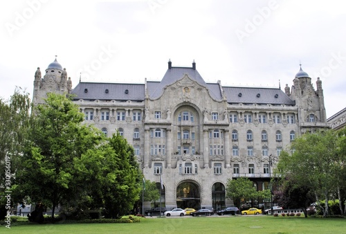 Old Hungarian city Budapest historical buildings urban panorama transportation cityscape green trees background