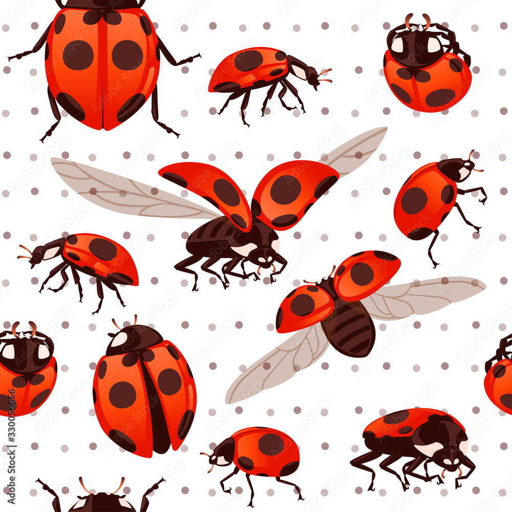 Seamless pattern ladybug with open shell and wings flying beetle cartoon bug design flat vector illustration on white dotted background Seamless pattern ladybug with open shell and wings flying beetle cartoon bug design flat vector illustration on white dotted background