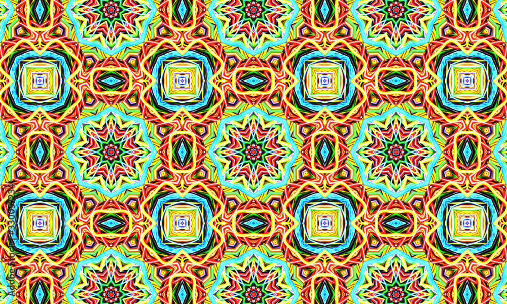 Geometric kaleidoscope multicolored seamless pattern. Abstract background. Beautiful multicolor kaleidoscope texture. Unique kaleidoscope design. Illustration for design.