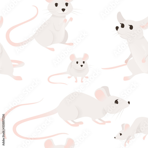 Seamless pattern of cute cartoon mouse small white mouse flat vector illustration on white background