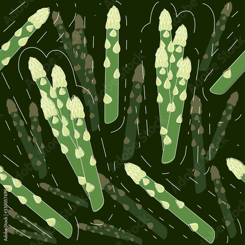 Seamless pattern asparagus vegetable stem green asparagus sprout healthy food flat vector illustration on dark background