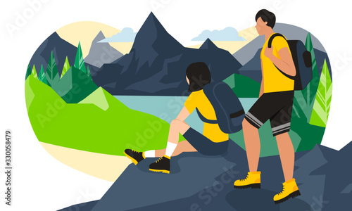 Faceless woman wearing sport outfit and tracking boots with a backpack sitting on a rock and watching sunset at mountain lake. Active lifestyle in travel or vacation. Healthy spring outdoor activity.