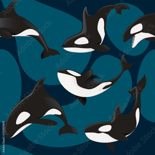 Seamless pattern of killer whale orca cartoon animal design flat vector illustration on blue background