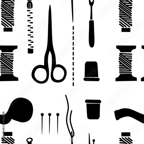 Seamless pattern of black silhouette reel with thread, bobbins, scissors and needle flat vector illustration on white background