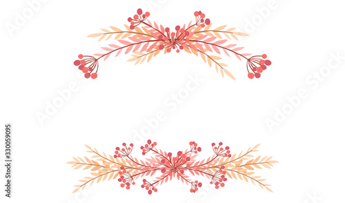 Frame top and bottom hand drawn orange tree branches with leaves and berries botanical flowers floral hand drawn scandinavian style art design element flat vector illustration