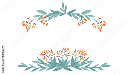 Frame top and bottom hand drawn tree branches with leaves and berries botanical flowers floral hand drawn scandinavian style art design element flat vector illustration
