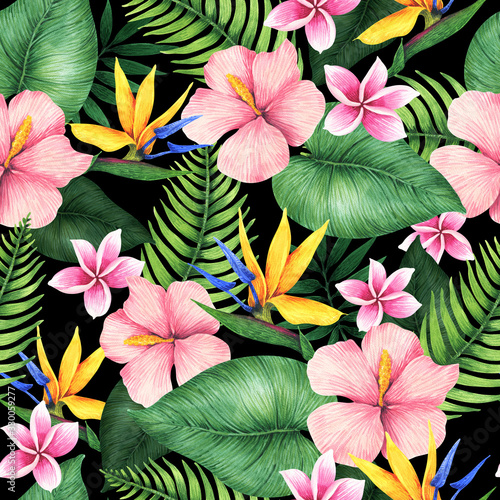 Seamless floral pattern of tropical flowers and leaves. Botanical wallpaper illustration in Hawaiian style	