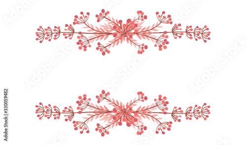 Frame top and bottom hand drawn red tree branches with leaves and berries botanical flowers floral hand drawn scandinavian style art design element flat vector illustration