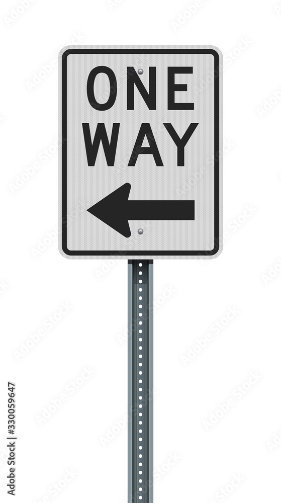 Vector illustration of the One Way vertical left arrow road sign on metallic green post (easily editable to right arrow) Vector illustration of the One Way vertical left arrow road sign on metallic green post (easily editable to right arrow)